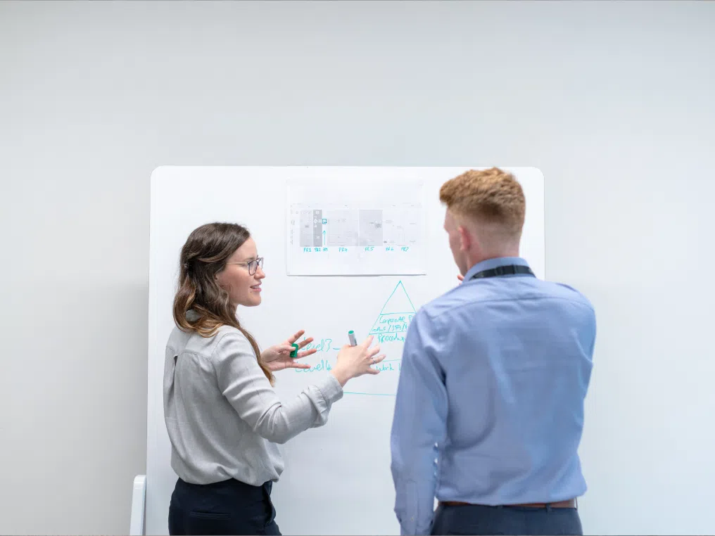 Ein Mann und eine Frau stehen vor einem Whiteboard.