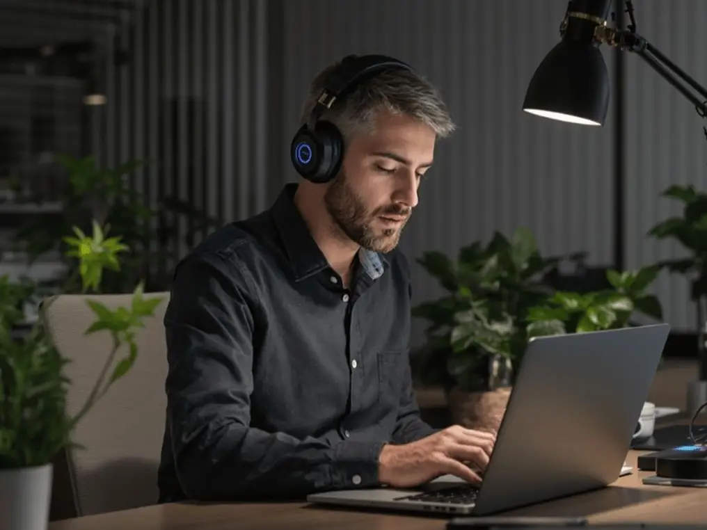 Ein Student mit Kopfhörern sitzt an seinem Laptop und arbeitet.