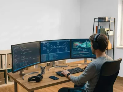 Entwickler mit Kopfhörern arbeitet an mehreren Monitoren mit Code an seinem Schreibtisch.