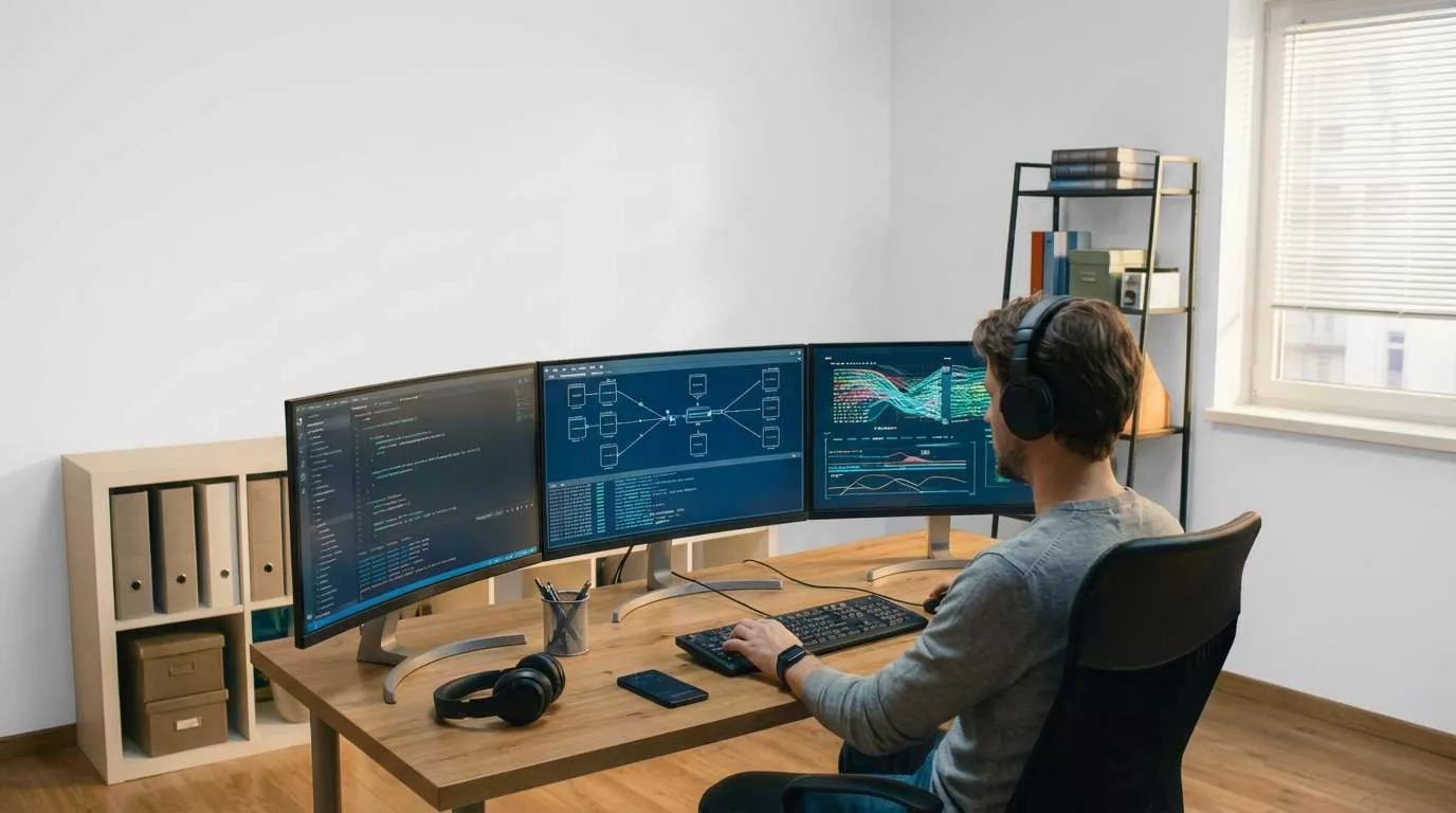 Entwickler mit Kopfhörern arbeitet an mehreren Monitoren mit Code an seinem Schreibtisch.