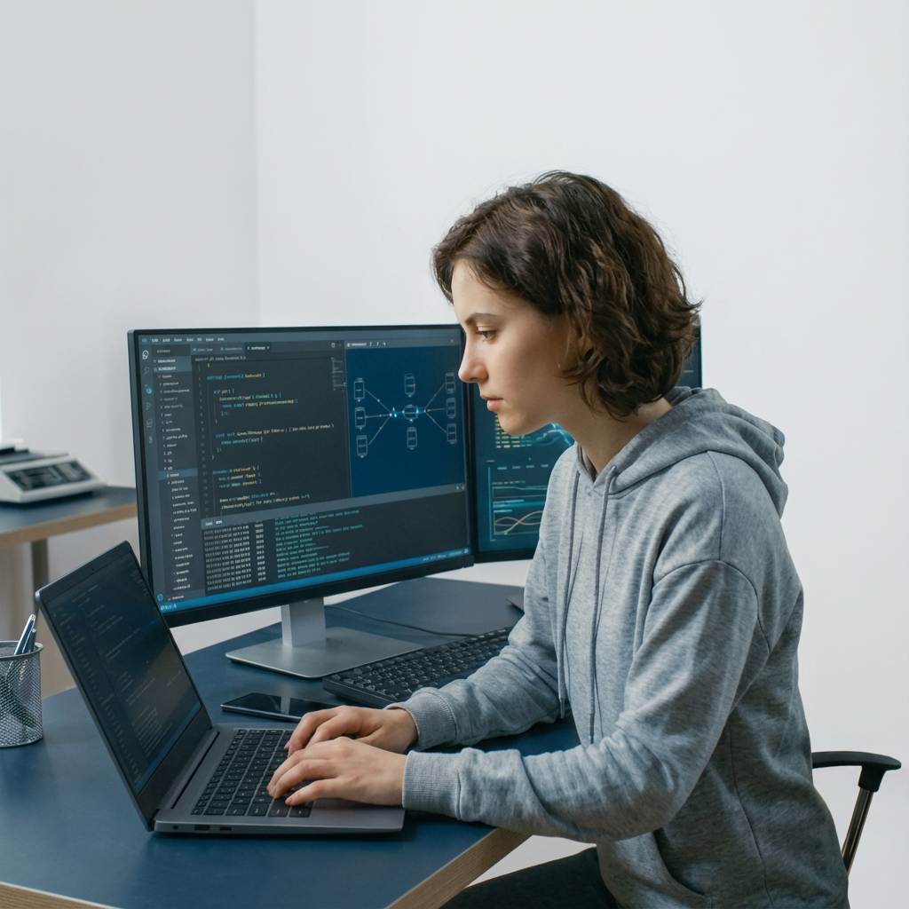 Frau in grauem Hoodie arbeitet an Laptop und Monitor mit Code und technischen Diagrammen, Server im Hintergrund
