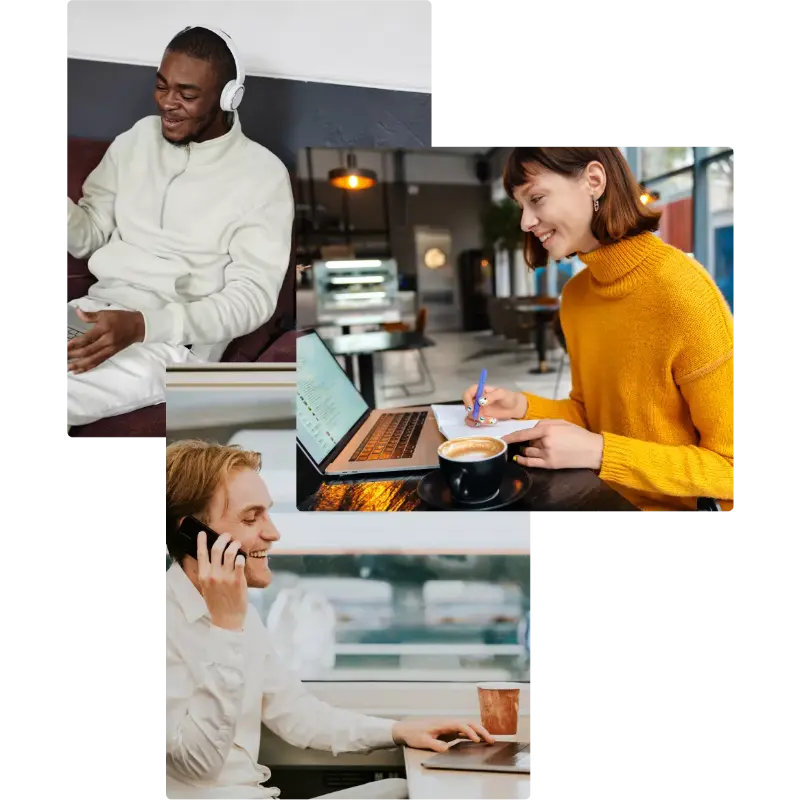 Eine Collage aus Fotos von Menschen, die online im Fernstudium mit Laptops studieren.