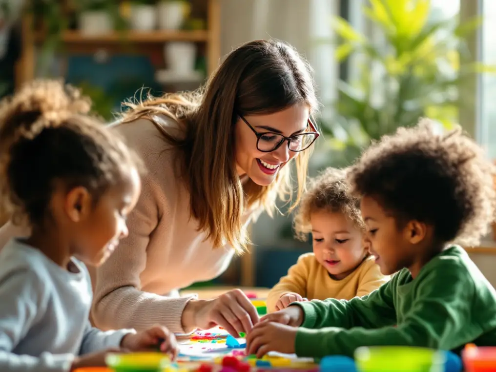 Eine Kindheitspädagogik-Studentin spielt mit drei Kindern an einem Tisch mit bunter Knete.