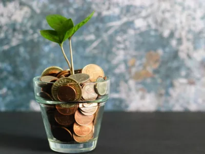 Einige Münzen in einem Glas aus dem eine Pflanze wächst