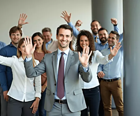 Eine Gruppe junger Nachwuchsführungskräfte stehen zusammen in einem Büro