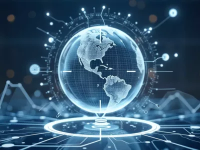 Weltkugel in Blau verbunden mit KI in der Mitte stehend