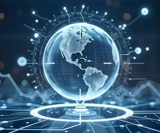 Weltkugel in Blau verbunden mit KI in der Mitte stehend