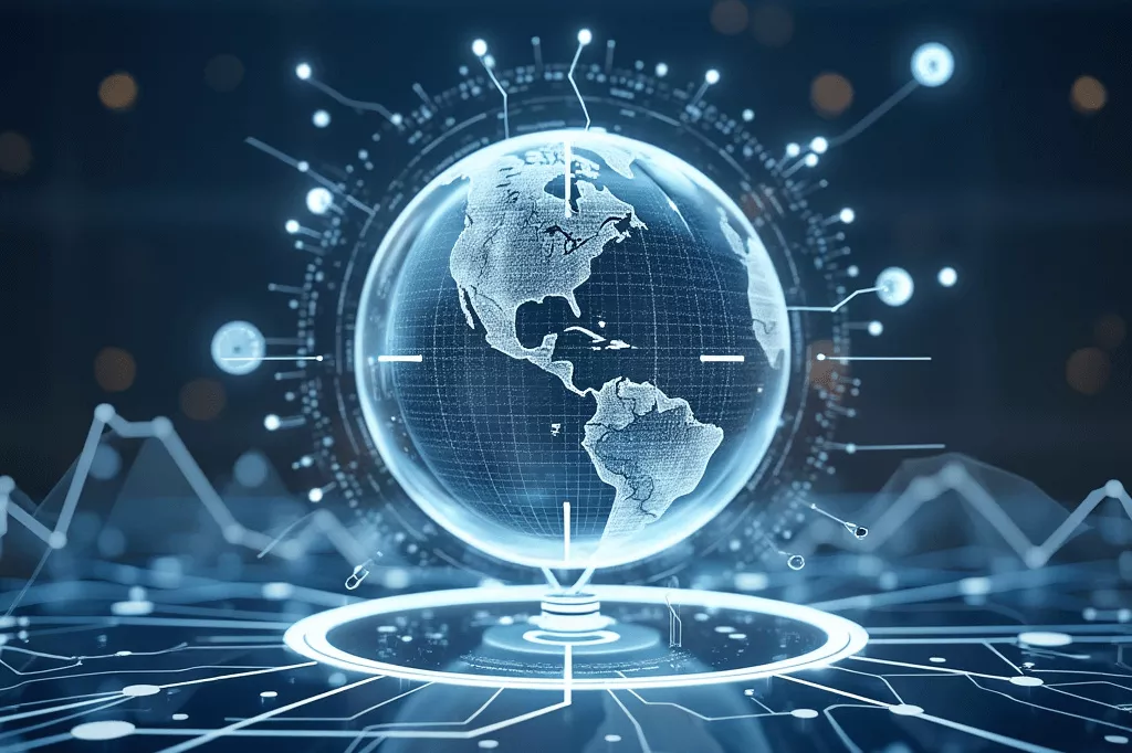 Weltkugel in Blau verbunden mit KI in der Mitte stehend