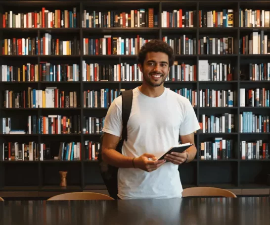 Ein Student steht mit Buch in der Hand in der Bibliothek