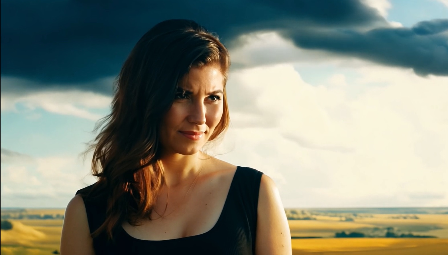 Eine Studentin steht auf einem Feld, mit Wolken über ihrem Kopf