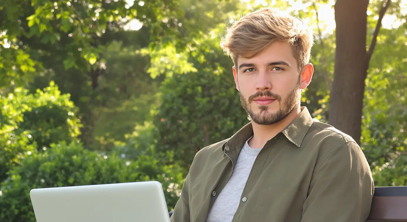 Student mit Bart mit Laptop auf dem Schoss sitzt im Park