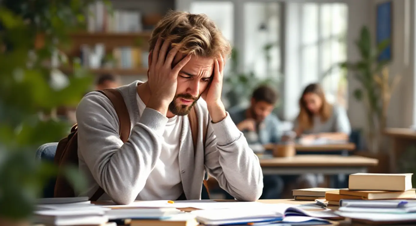 Blonder Mann liest ein Buch und stützt seinen Kopf mit beiden Händen