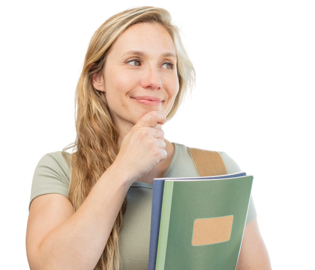 Studentin mit Blöcken in der Hand, macht eine nachdenkliche Geste