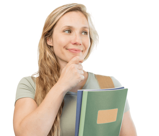 Studentin mit Blöcken in der Hand, macht eine nachdenkliche Geste