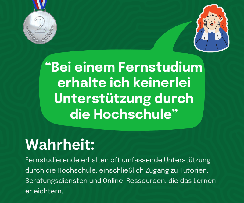 Infografik mit der Überschrift 'Wahrheit: Bei einem Fernstudium erhalte ich keinerlei Unterstützung durch die Hochschule