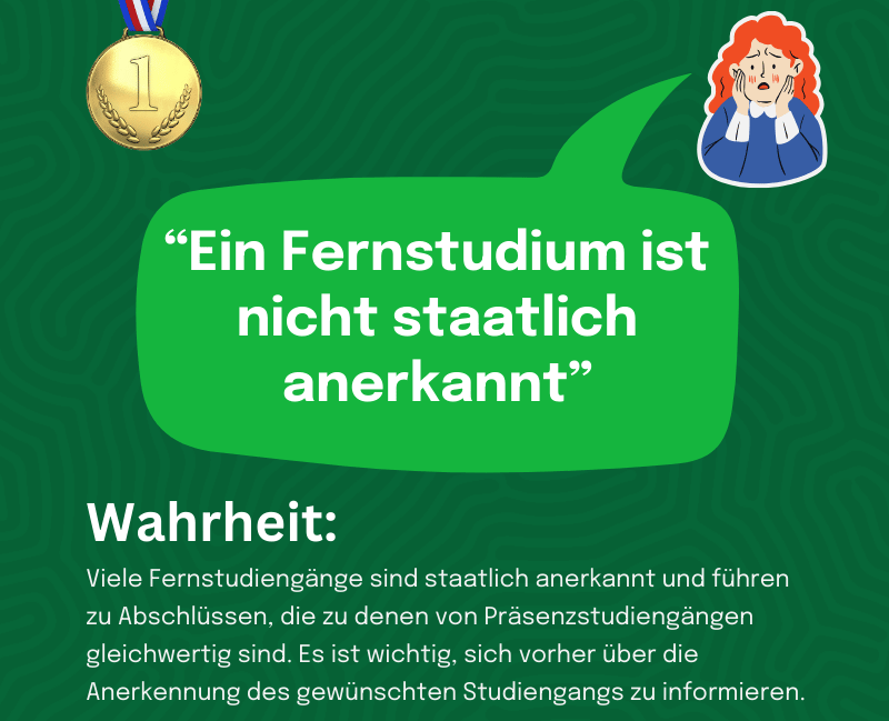 Infografik mit der Überschrift 'Wahrheit: Ein Fernstudium ist nicht staatlich anerkannt'