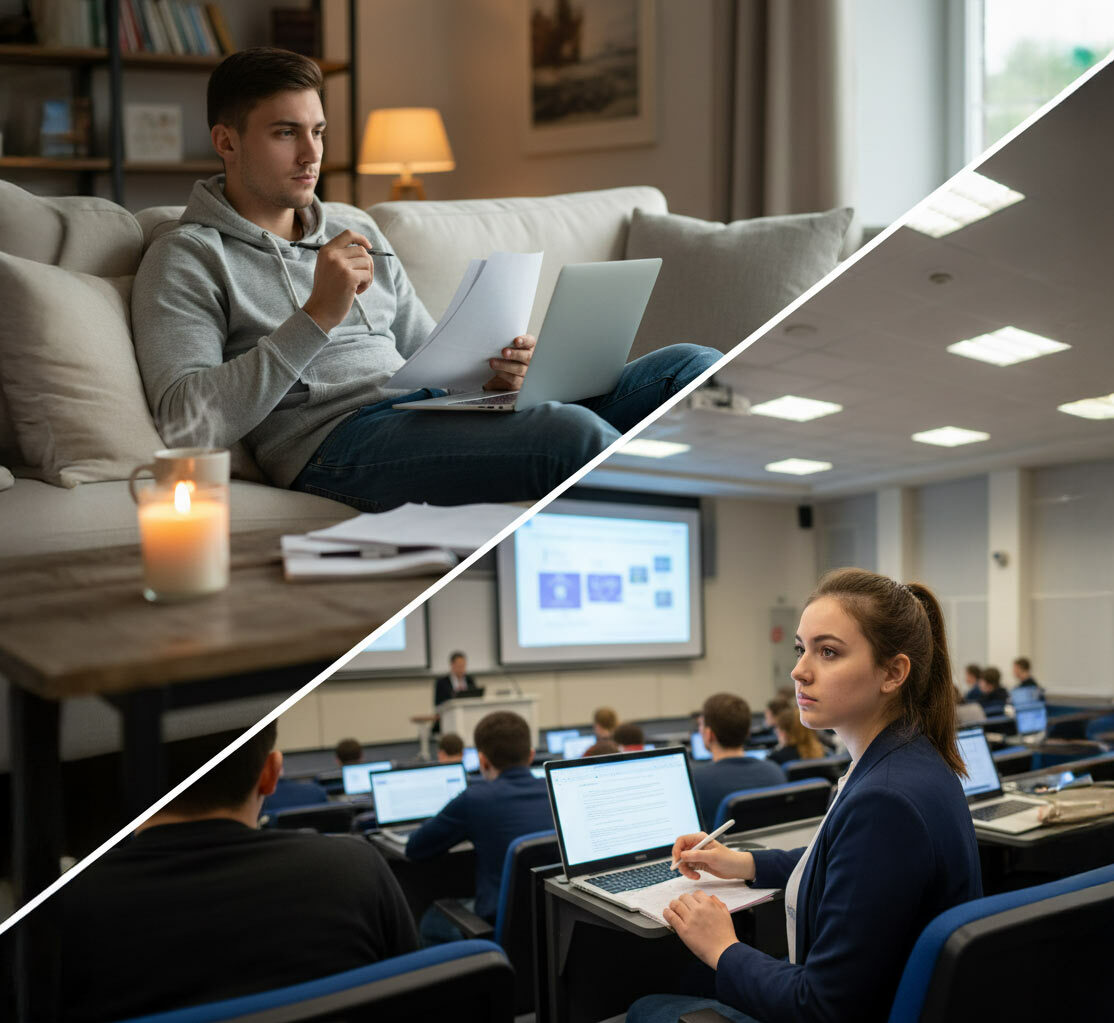 2 Studenten in einem Splitscreen dargestellt: der eine sitzt im Hörsaal, der andere bei sich zuhause am Laptop