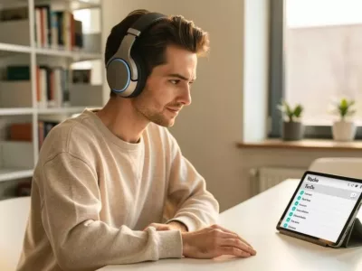 Student mit Noise Cancelling Kopfhörern arbeitet an einem Tablet mit digitaler Aufgabenliste