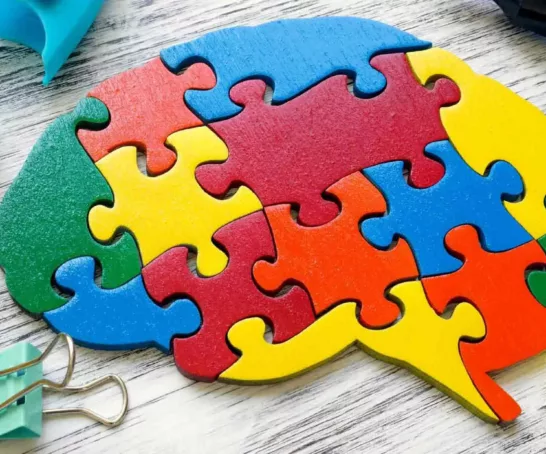 Ein buntes Holzpuzzle liegt auf einem hölzernen Untergrund und sieht aus wie ein menschliches Gehirn. Die Puzzleteile sind in verschiedenen Farben wie Rot, Gelb, Blau und Grün gestaltet.