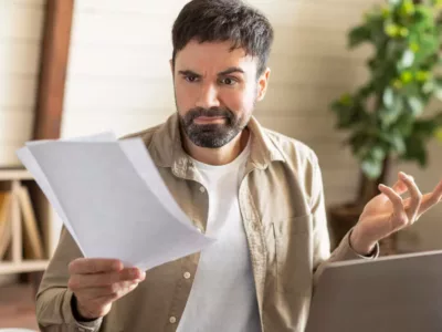 Das Bild zeigt einen Mann mit Bart, der offensichtlich frustriert ist, während er an einem Laptop in seinem Homeoffice arbeitet.