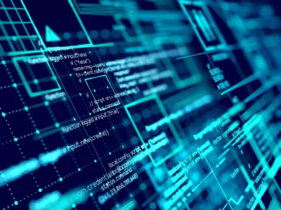 Futuristisches digitales Interface mit abstrakten Programmiercodes und Symbolen. Eine hochmoderne, technologische Visualisierung ohne menschliche Präsenz.