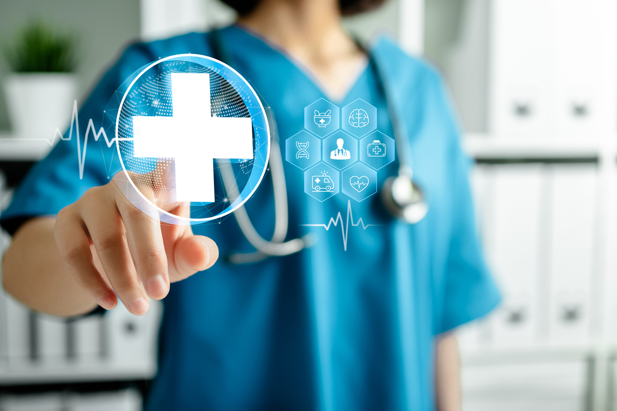 Arzt berührt medizinisches Symbol im digitalen Netzwerk – 3D-Rendering einer virtuellen Benutzeroberfläche, digitale Gesundheitsversorgung sowie medizinische Technologie im futuristischen Konzept.