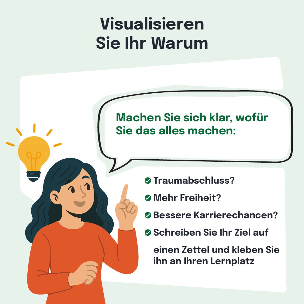 Eine illustrierte Darstellung einer jungen Frau mit dunklen Haaren, die offenbar ihre Ziele visualisiert oder überdenkt, wie das Glühbirnen-Symbol über ihr andeutet.