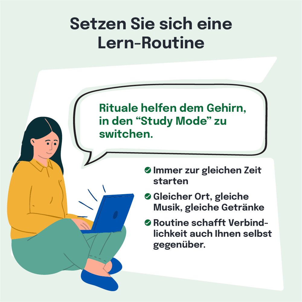 Eine Frau mit langen dunklen Haaren sitzt vor einem Laptop und scheint sich auf ihre Lerntätigkeit zu konzentrieren