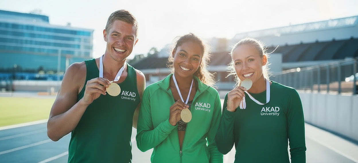 3-Sportlerinnen in AKAD Kleidung stehen im Stadion mit Medallien