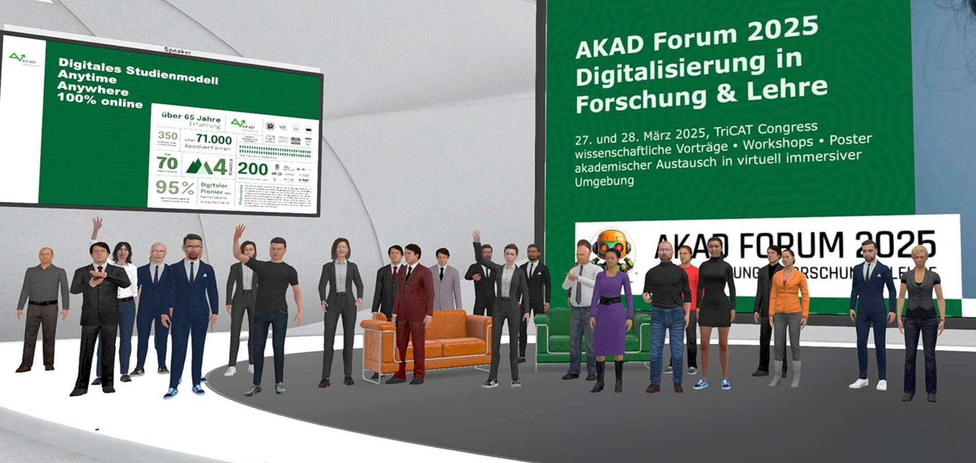 Überblick auf einen digitalen Veranstaltungsraum des AKAD Forums 2025, mit digitalen Teilnehmenden und Bildschirmen