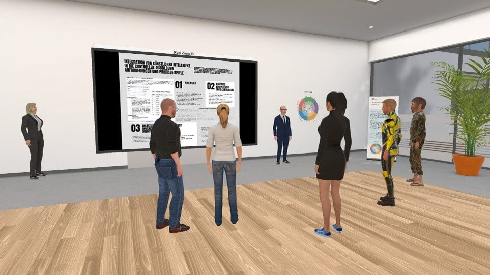 Digitale Avatare in einem Besprechungsraum des AKAD Forums 2025 vor einer Leinwand.