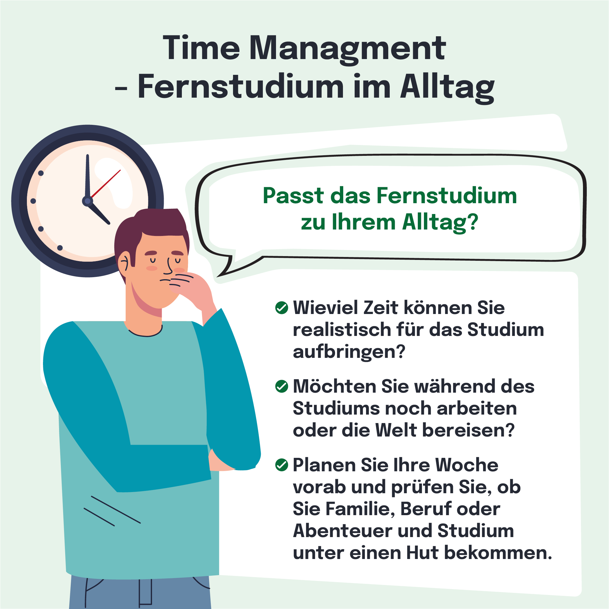 Die Illustration zeigt einen Mann, der über eine Frage nachdenkt. In einer Sprechblase neben ihr steht der Text 