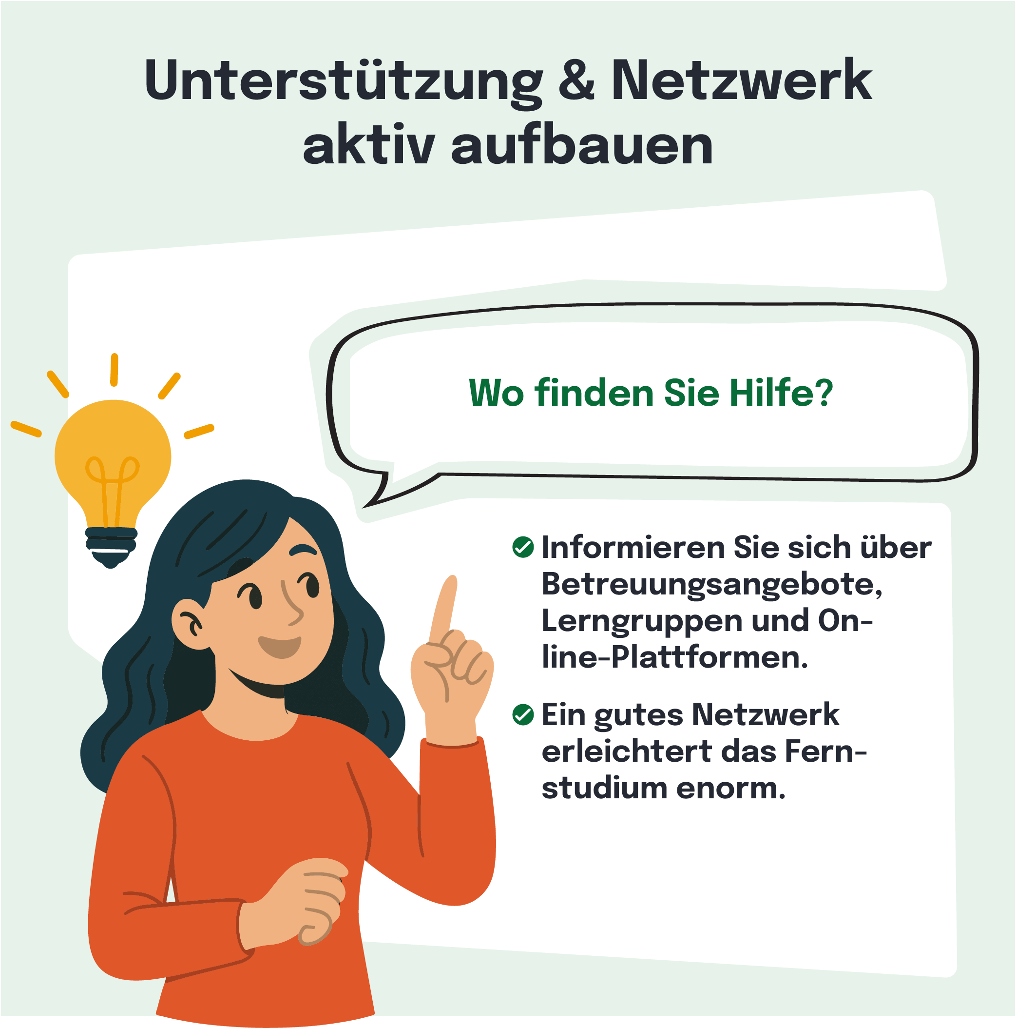 Die Illustration zeigt eine Frau, die über eine Frage nachdenkt. In einer Sprechblase neben ihr steht der Text 