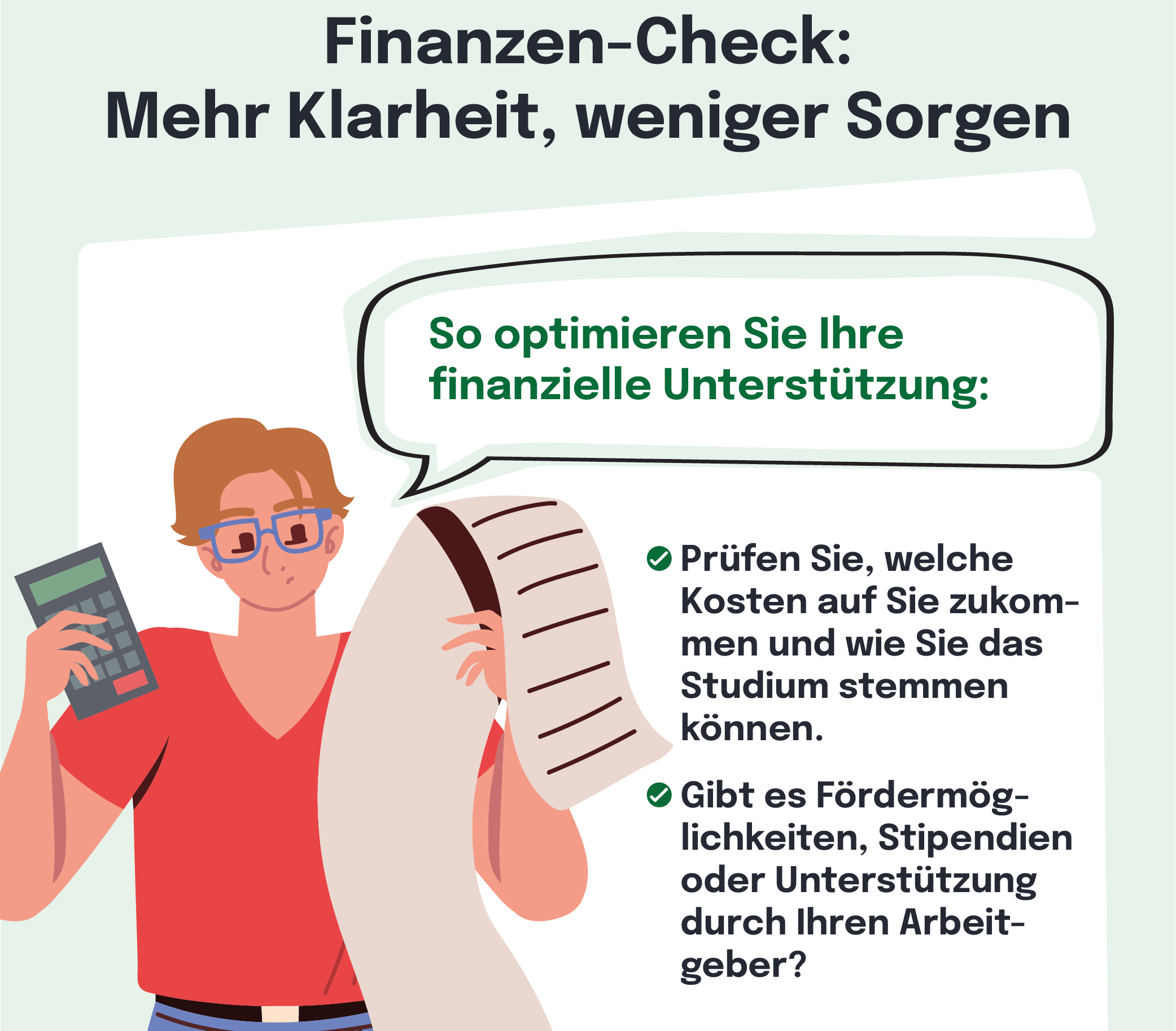 Dieses Bild zeigt einen Mann, der nachdenklich auf einen Taschenrechner schaut. Der Titel lautet 