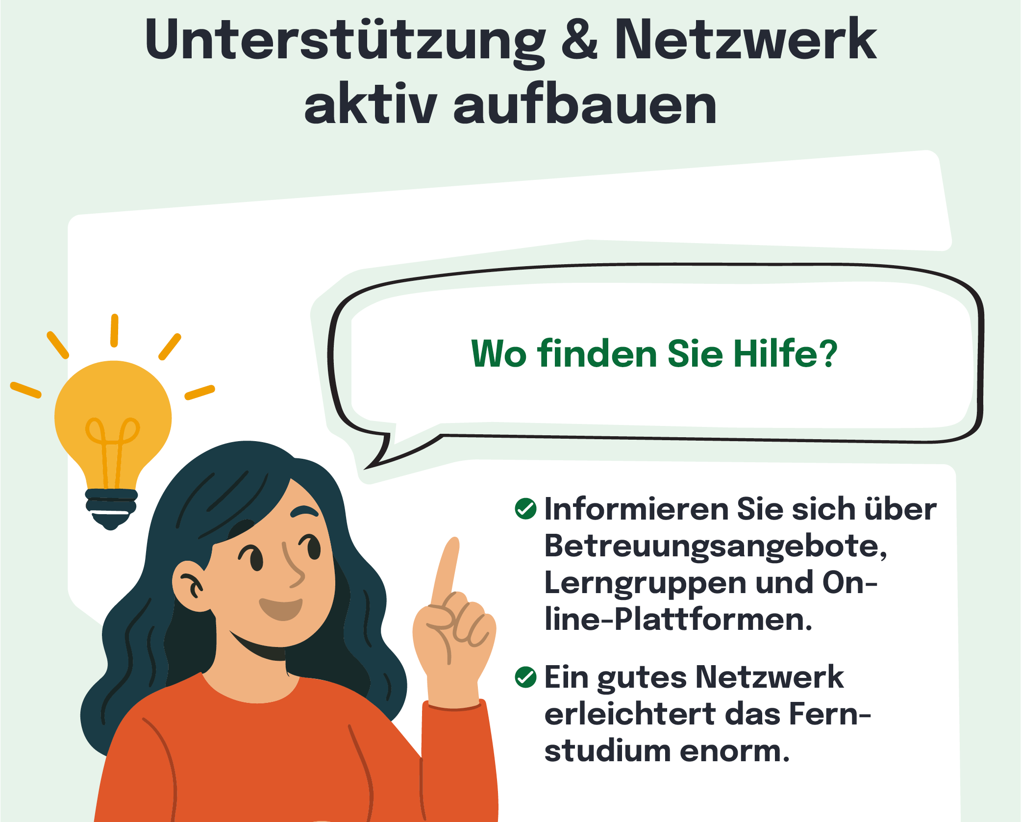 Die Illustration zeigt eine Frau, die über eine Frage nachdenkt. In einer Sprechblase neben ihr steht der Text 