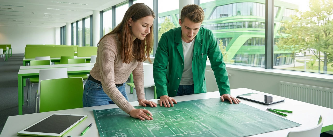 Zwei Studierende betrachten gemeinsam eine technische Planzeichnung im modernen Hochschulumfeld der AKAD University.