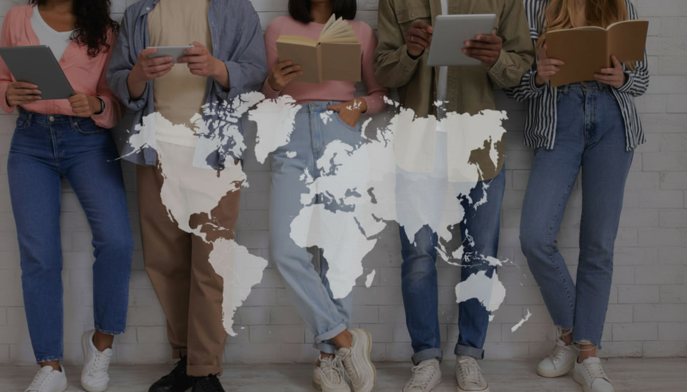 Studierenden vor einer großen Weltkarte. Sie halten Bücher, Smartphones und Schreibblöcke und befinden sich in einer Lernumgebung.