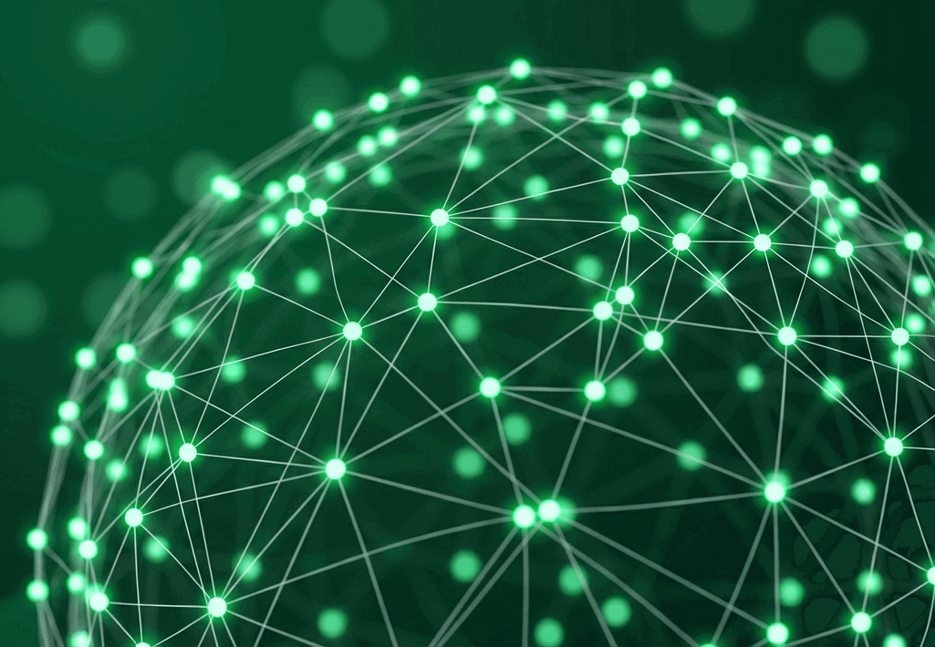 Das Bild zeigt eine Nahaufnahme einer grünen, wellenförmigen Grafikstruktur mit leuchtenden Punkten.