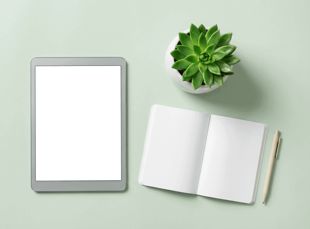 Das Bild zeigt einen Tablet-Computer mit leerem weißem Bildschirm, umgeben von einem Topf mit einer grünen Pflanze und einem offenen Notizbuch auf einem mintfarbenen Hintergrund.