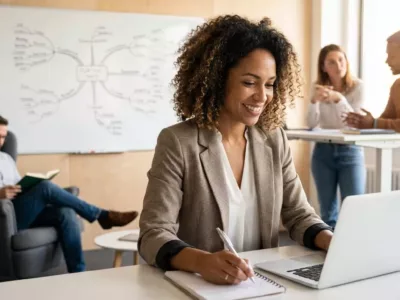 Frau mit lockigen Haaren arbeitet an einem Laptop in einem Büroraum.