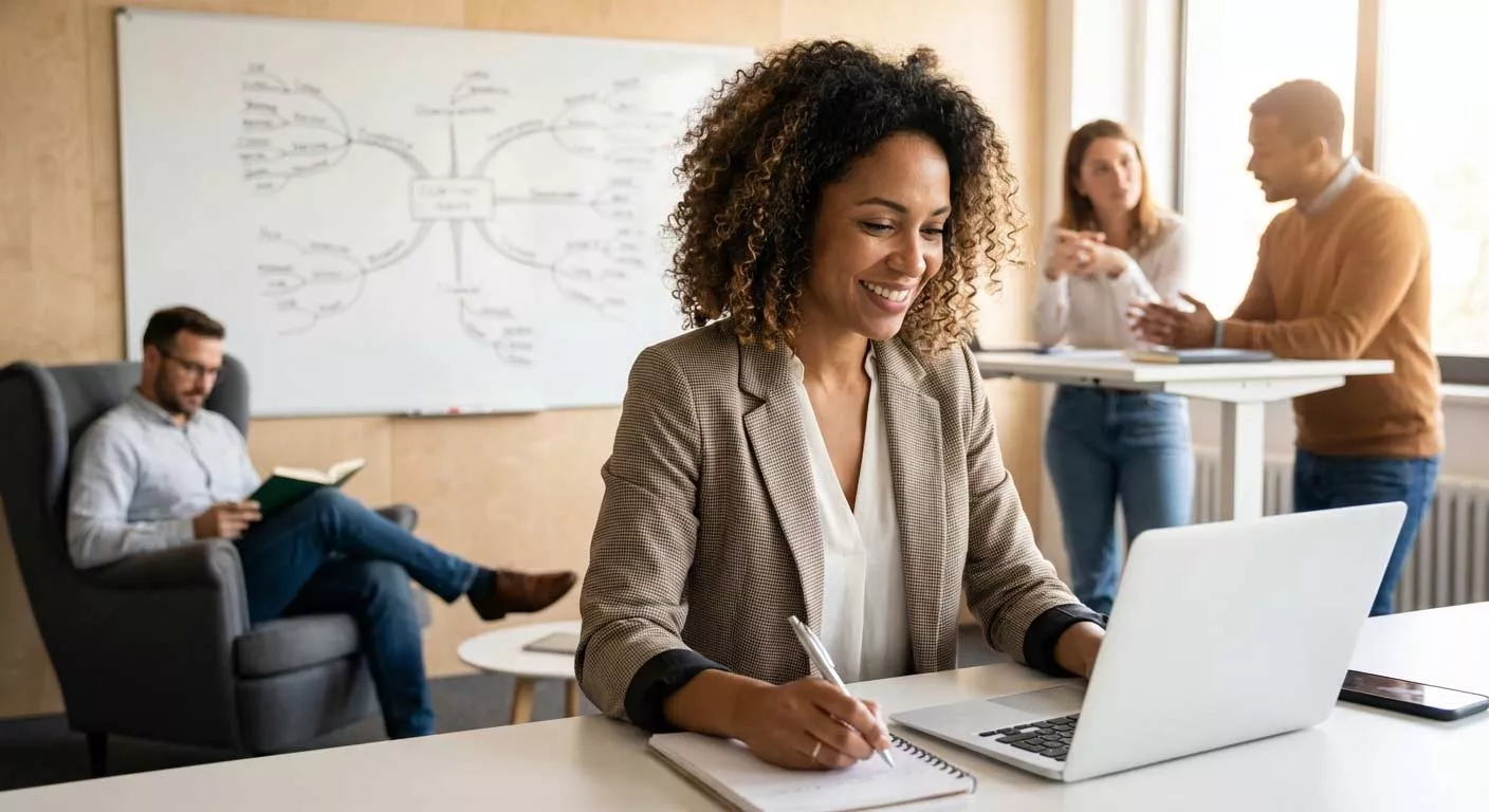 Frau mit lockigen Haaren arbeitet an einem Laptop in einem Büroraum.