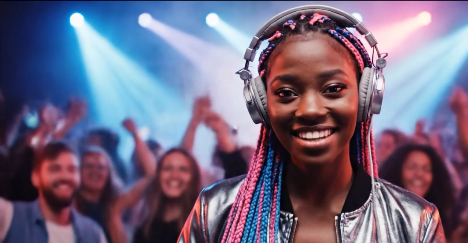 Frau als DJ auf einer Party, trägt Kopfhörer