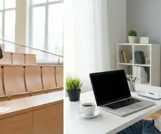 2 Studenten in einem Splitscreen dargestellt: der eine sitzt im Hörsaal, der andere bei sich zuhause am Laptop