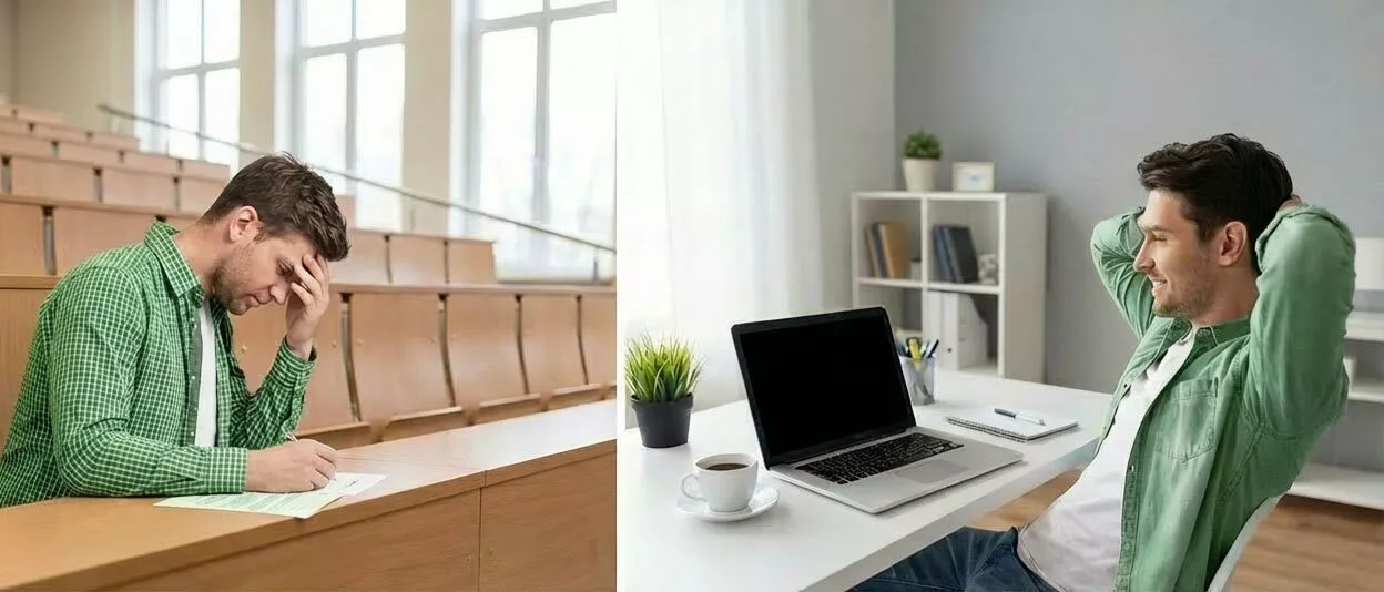 2 Studenten in einem Splitscreen dargestellt: der eine sitzt im Hörsaal, der andere bei sich zuhause am Laptop