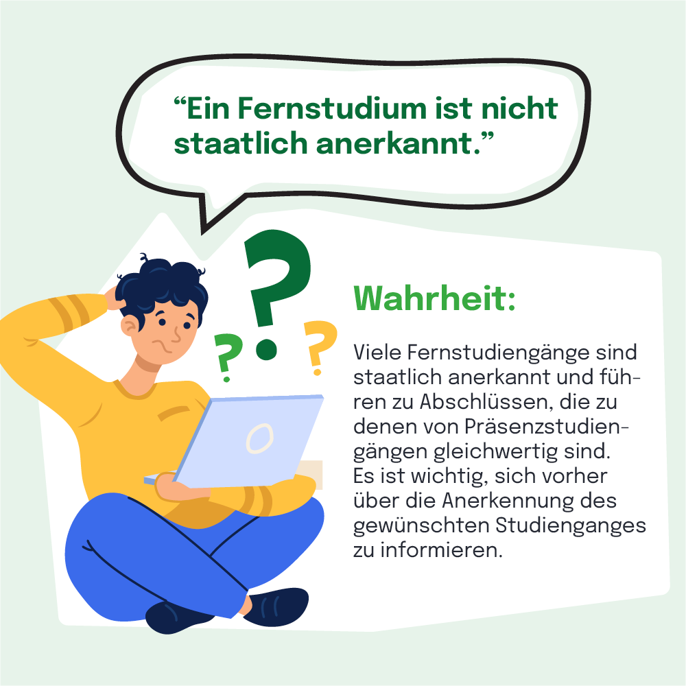 Infografik mit der Überschrift 'Wahrheit: Ein Fernstudium ist nicht staatlich anerkannt'