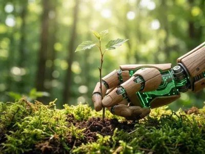 Roboterhand pflanzt einen Sämling in Moos und Walderde.
