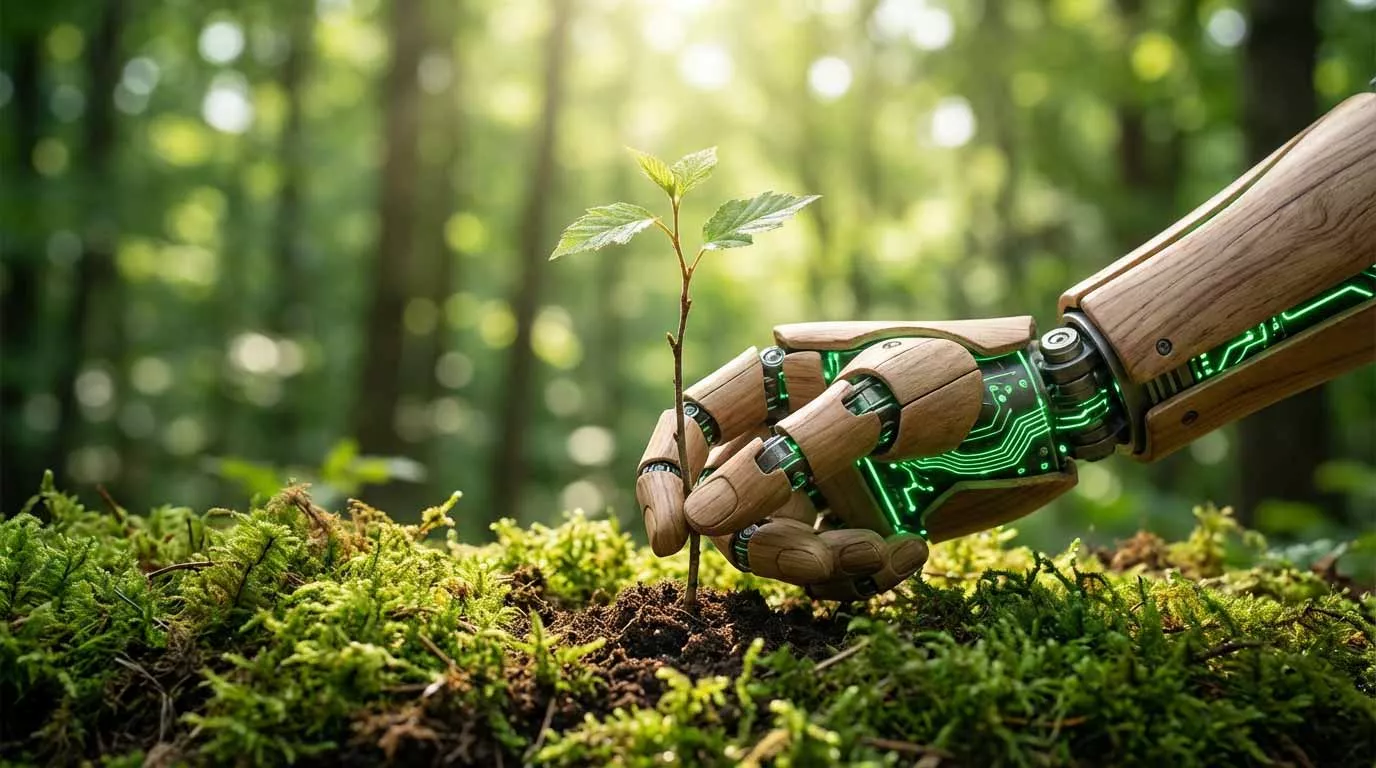 Roboterhand pflanzt einen Sämling in Moos und Walderde.