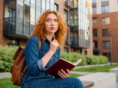 Studentin hält einen Stift am Mund und schaut fragend in die Ferne