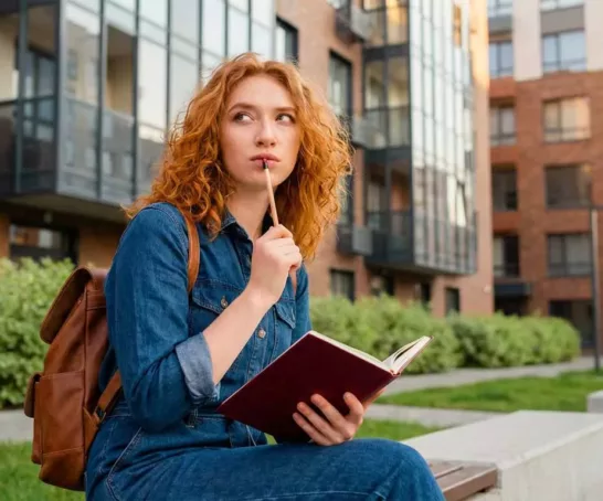 Studentin hält einen Stift am Mund und schaut fragend in die Ferne