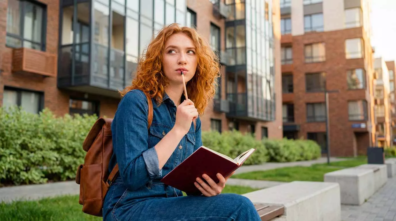 Studentin hält einen Stift am Mund und schaut fragend in die Ferne